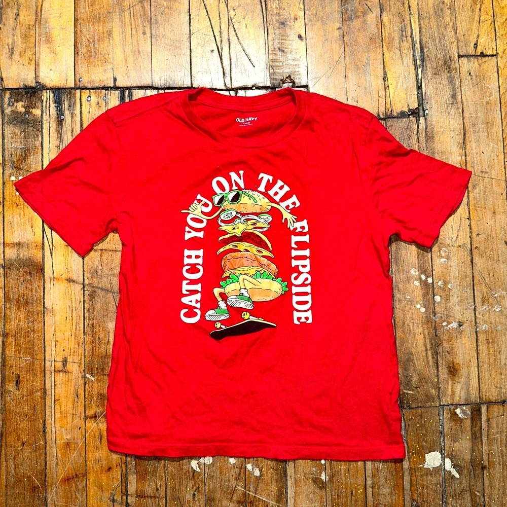 Old Navy Tee Boys Large Red Catch You On The Flipside Burger Graphic Pullover